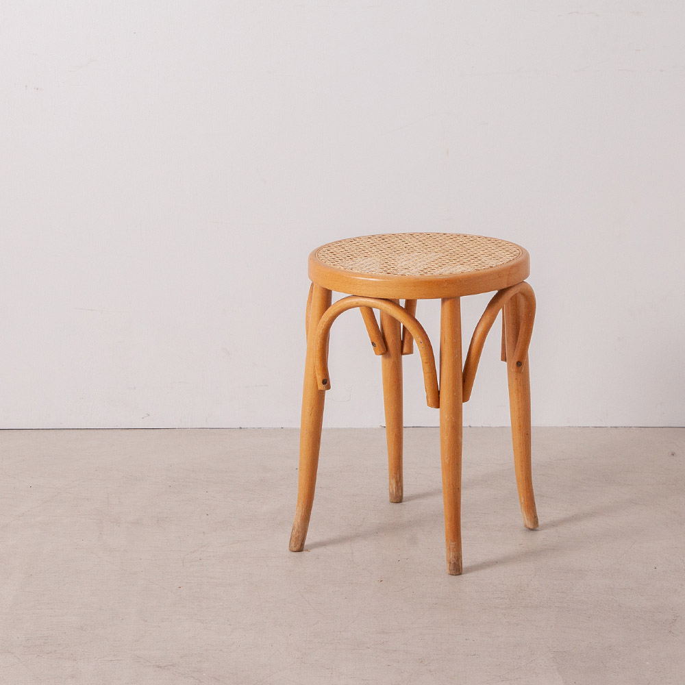 Bent Wood Round Stool in Rattan and Wood for THONET