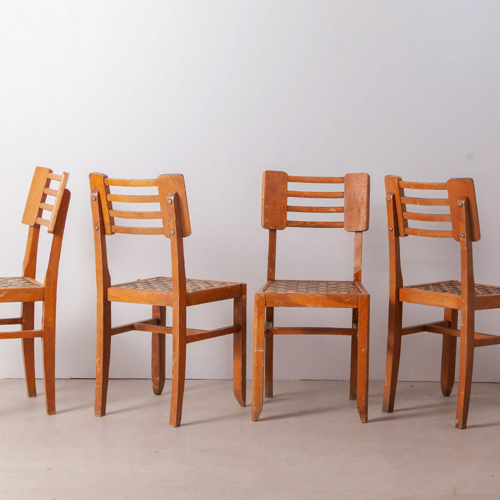 Dining Chairs in Wood and Rattan by Pierre Cruège