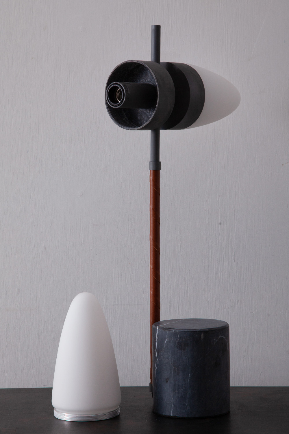Bull Table Lamp Oxidised for 101 COPENHAGEN in Aluminum , Opal Glass , Leather and Marble