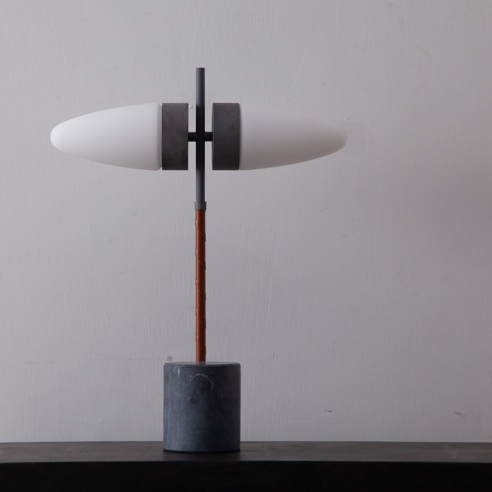 Dual Table Lamp in Alminium , Opal Glass , Leather and Marble
