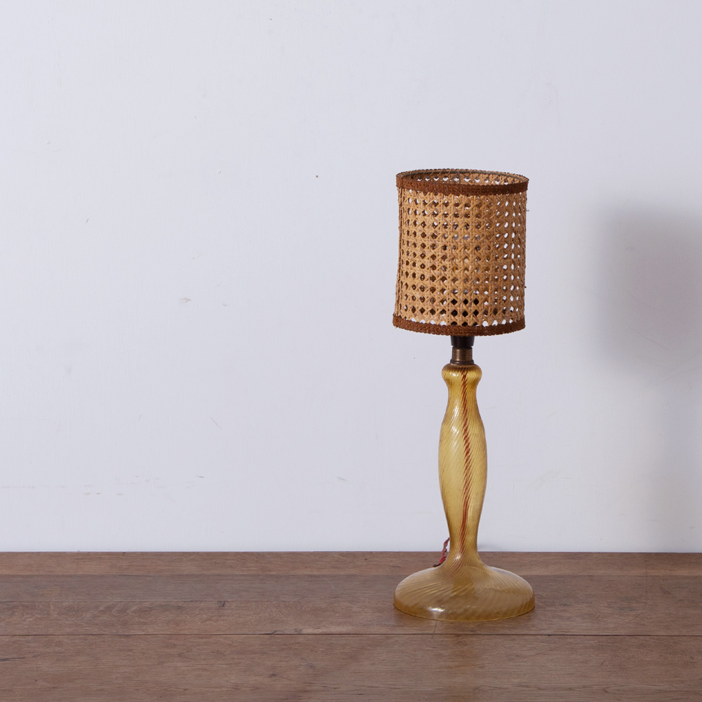 Vintage Table Lamp in Glass and Rattan Shade