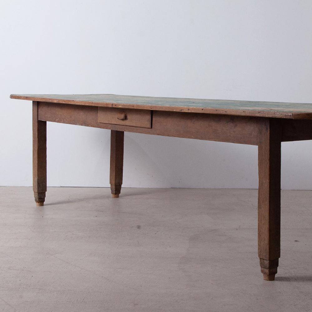 Antique Long Table with a Drawer in Oak & Blue top