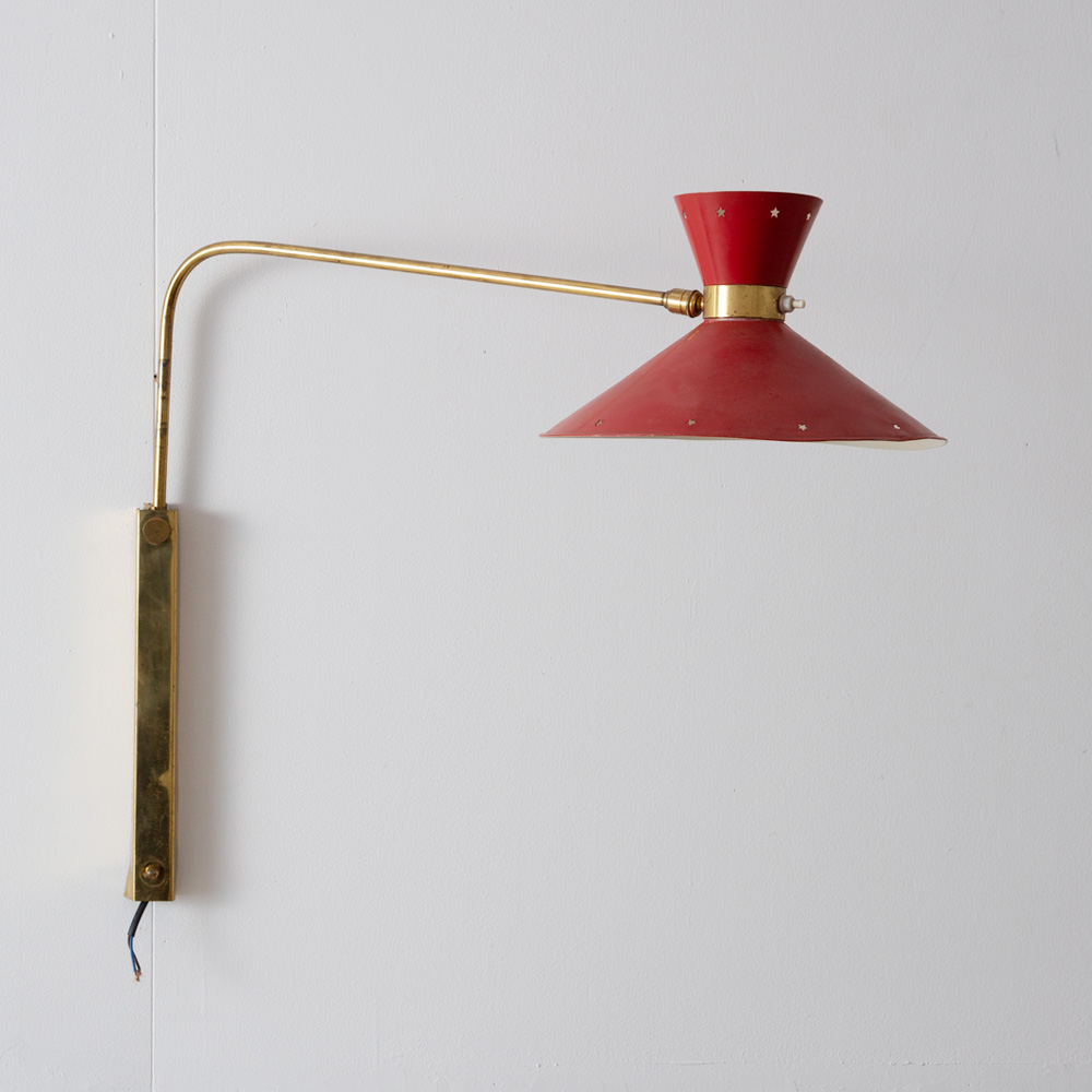 Swing Arm Wall Light for Lunel in Red and Brass by Rene Mathieu