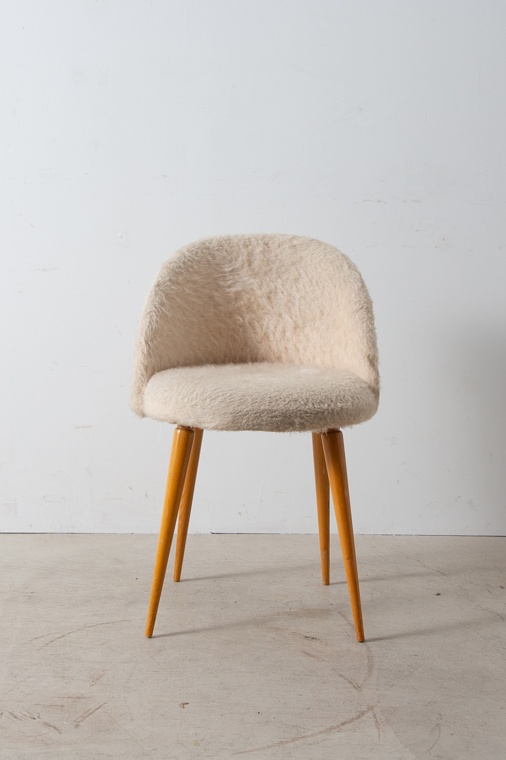 Vintage Chair in White Fur and Wood
