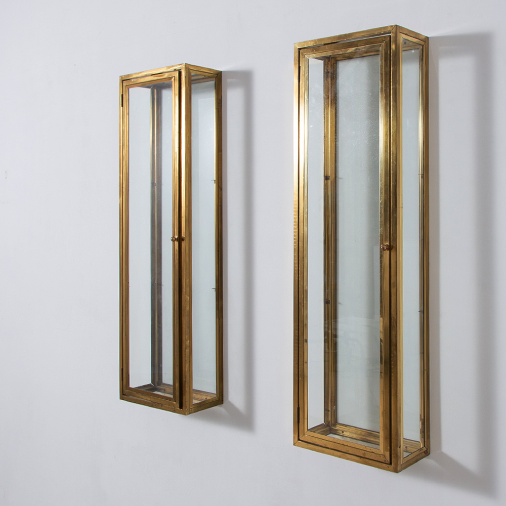 Vintage Wall Showcase in Brass and Glass
