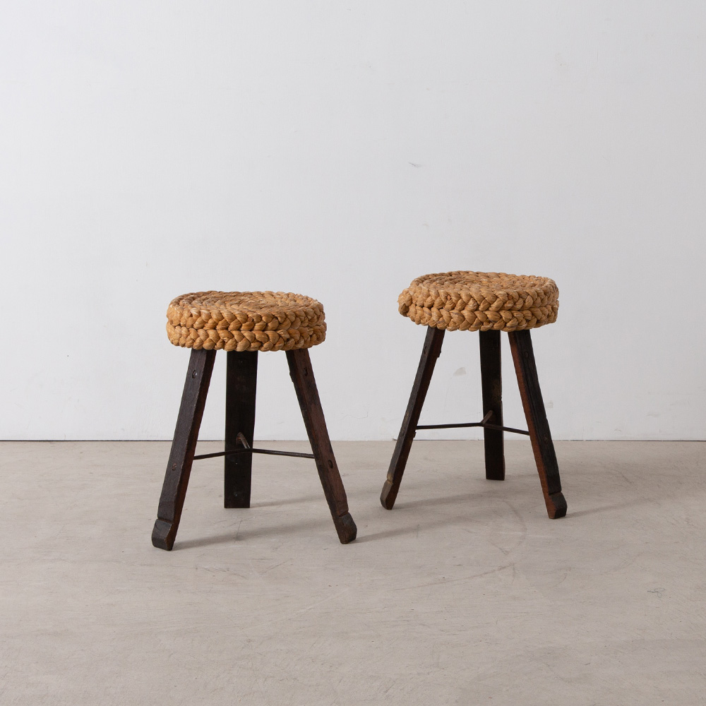 Audoux & Minet Style Occasional Stool in Oak and Rope