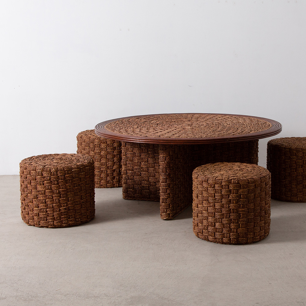 Audoux & Minet Style Round Coffee Table and 4 Stools Set in Wood and Rope
