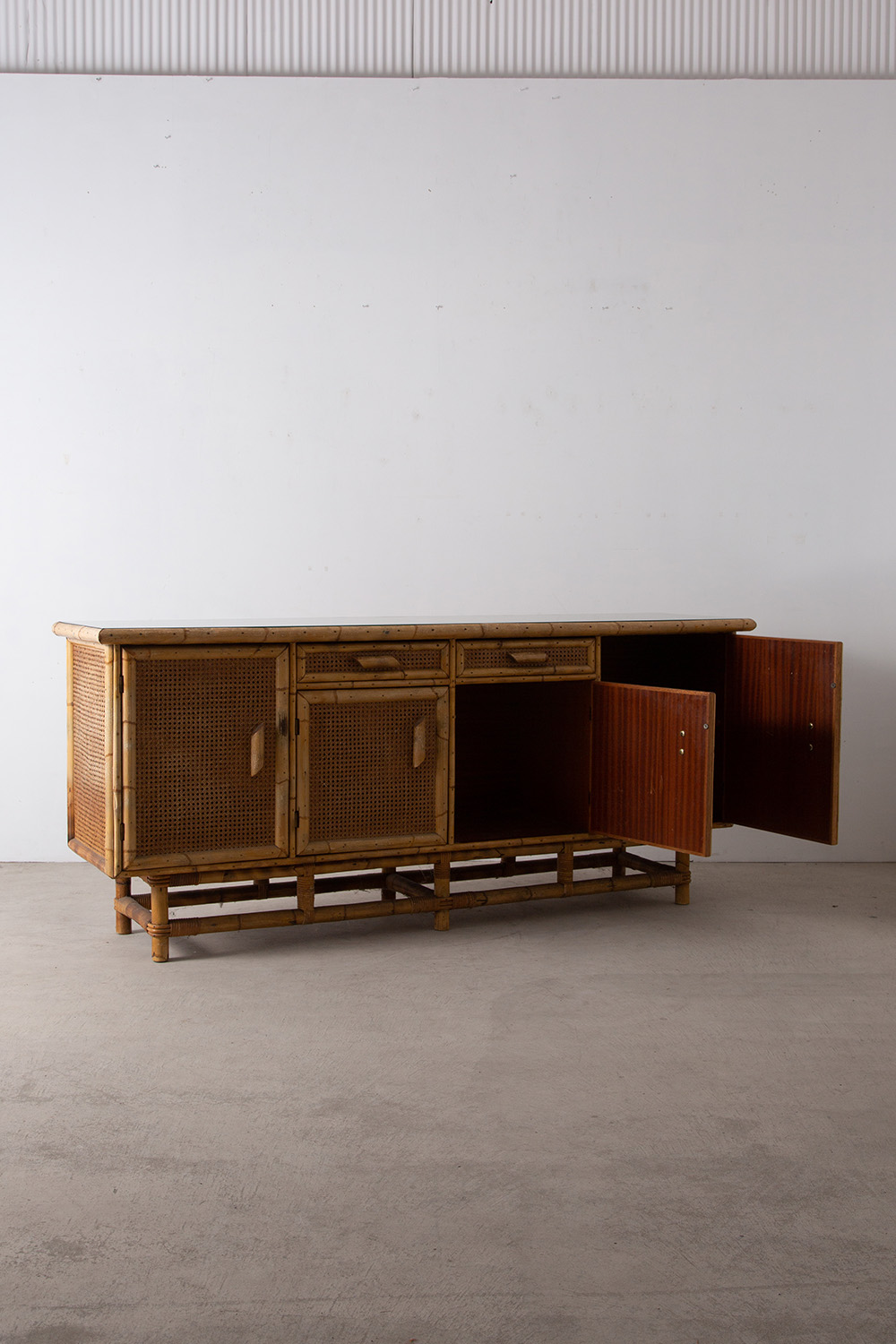 Audoux & Minet Style Vintage Sideboard in Rattan and Wood