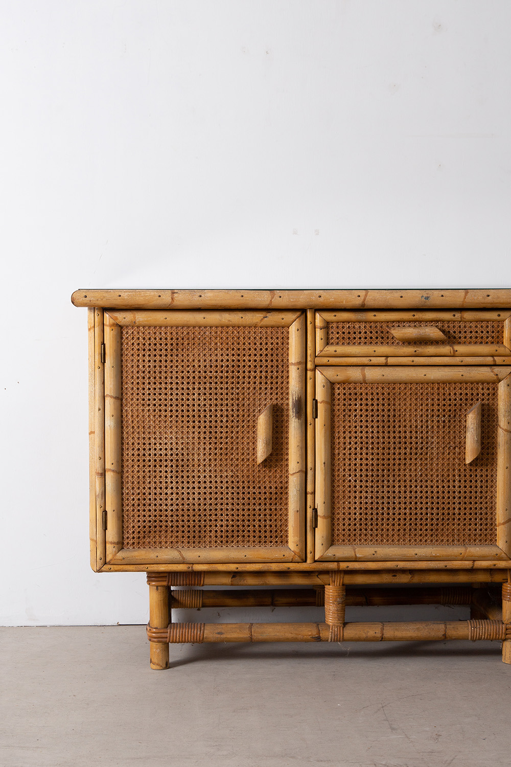 Audoux & Minet Style Vintage Sideboard in Rattan and Wood