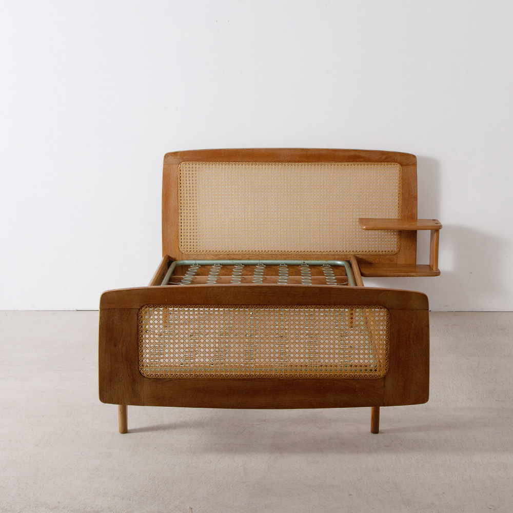 Day Bed with Side Table by Roger Landault in Mahogany and Fake Rattan