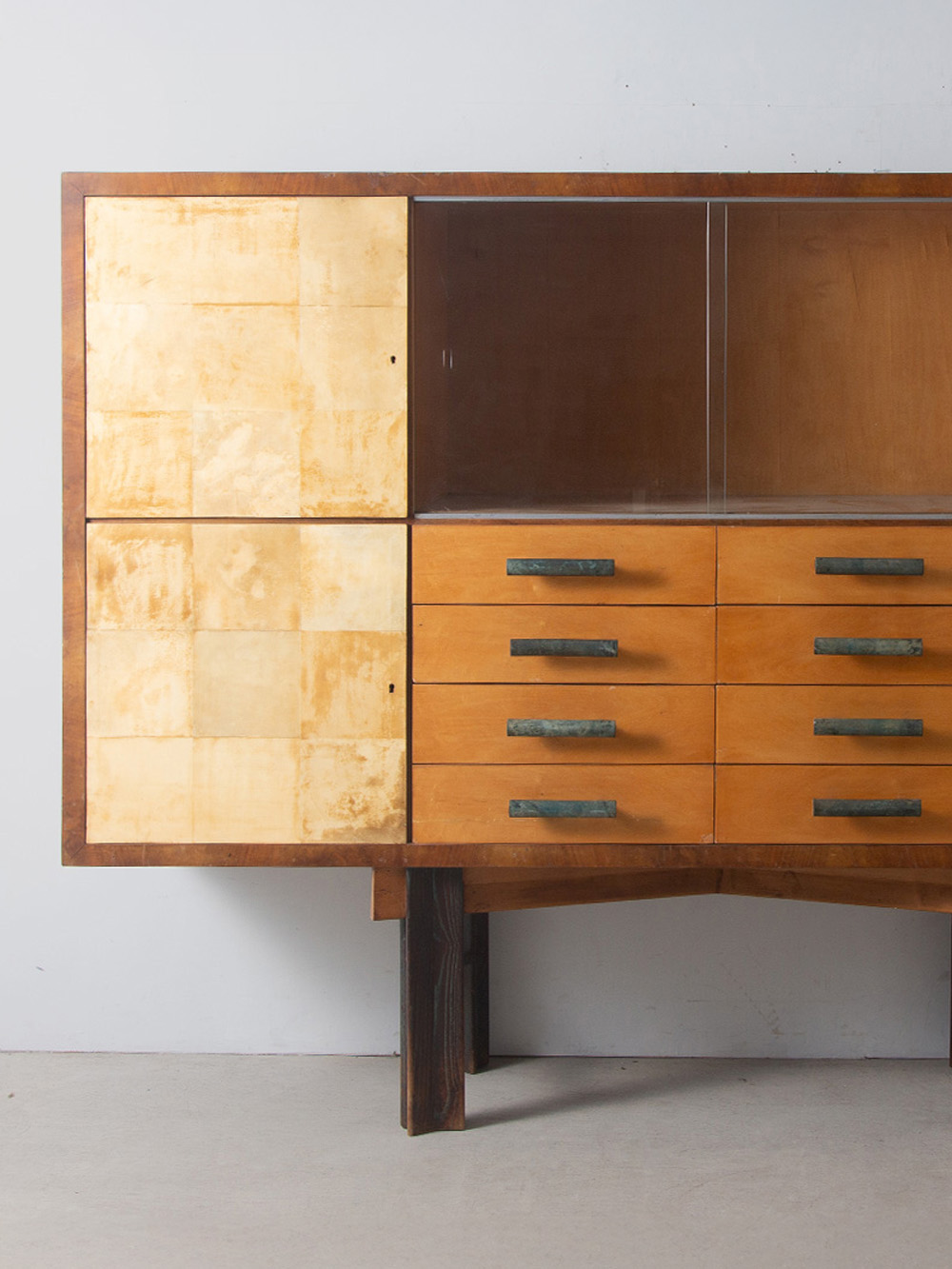 Italian Huge Shelf with 8 Drawer in Wood , Bronze and Glass
