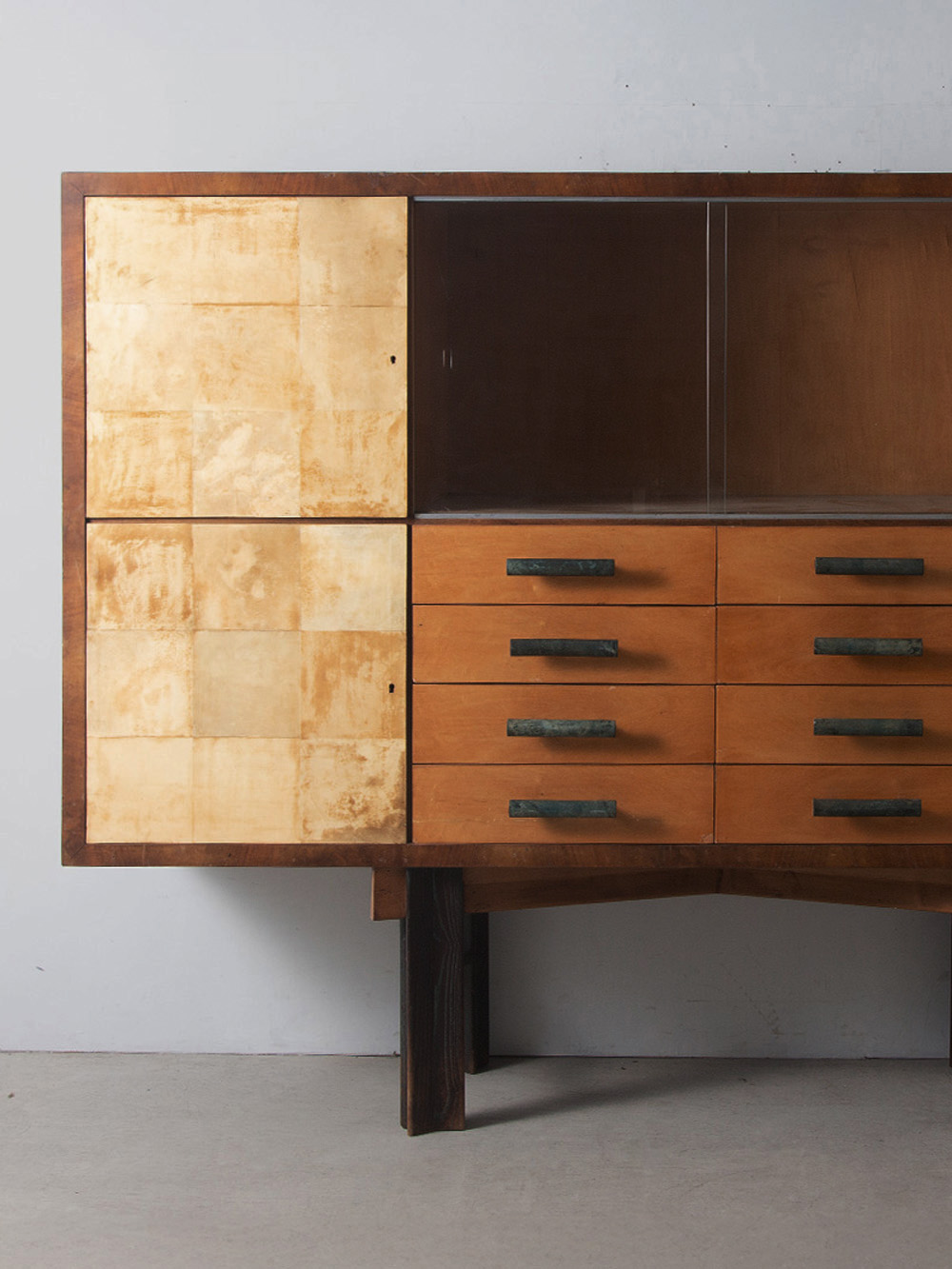 Italian Huge Shelf with 8 Drawer in Wood , Bronze and Glass