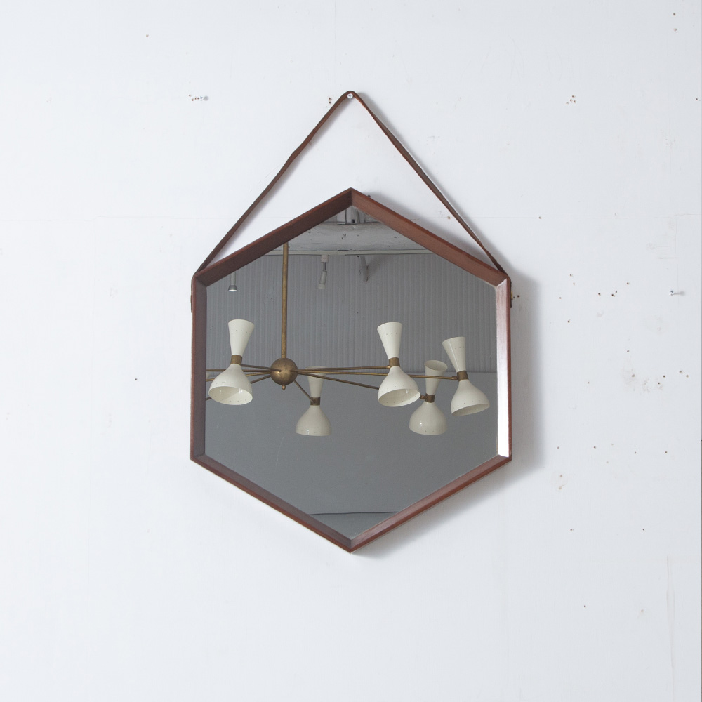 Hexagonal Wall Mirror in Wood and Leather
Italy , 1960s
