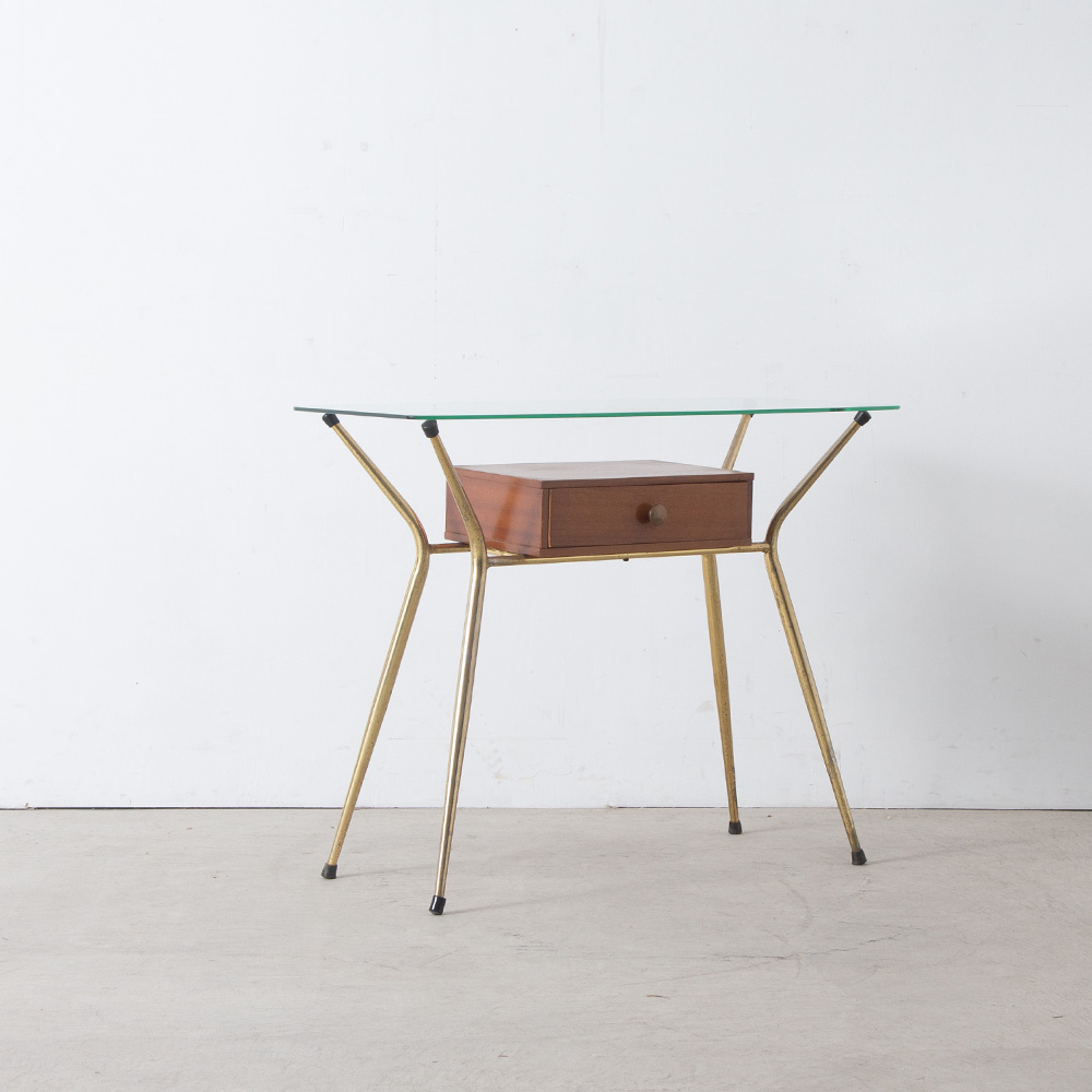 Glass Top Desk with Drawer in Brass and Wood