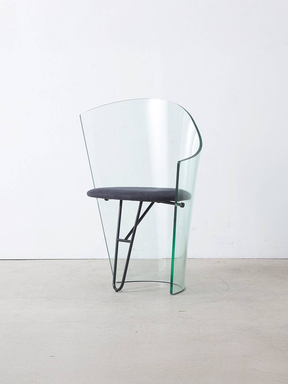 Bent Glass Chair in Navy Fabric and Steel