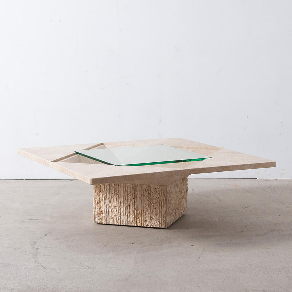 Square Coffee Table in Travertine and Glass