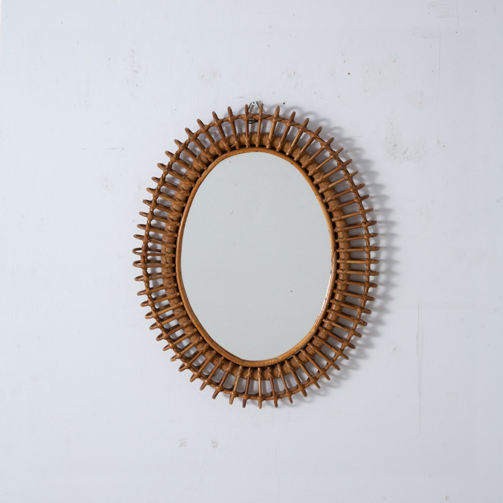 Italian Vintage Oval Mirror in Rattan