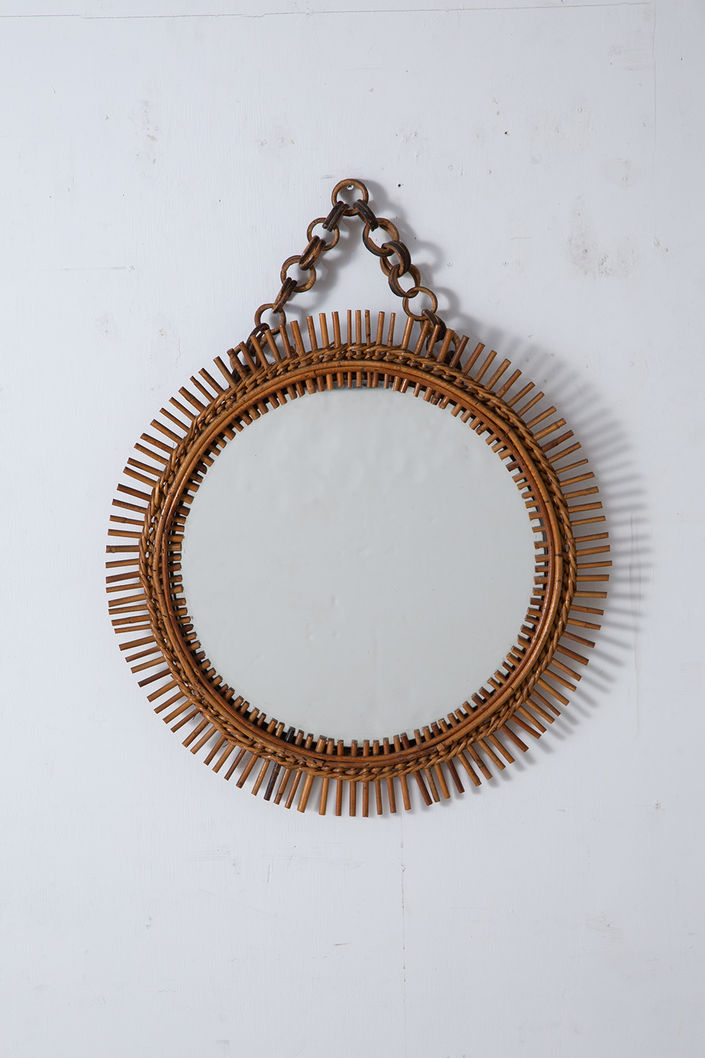 Italian Vintage Round Mirror in Rattan