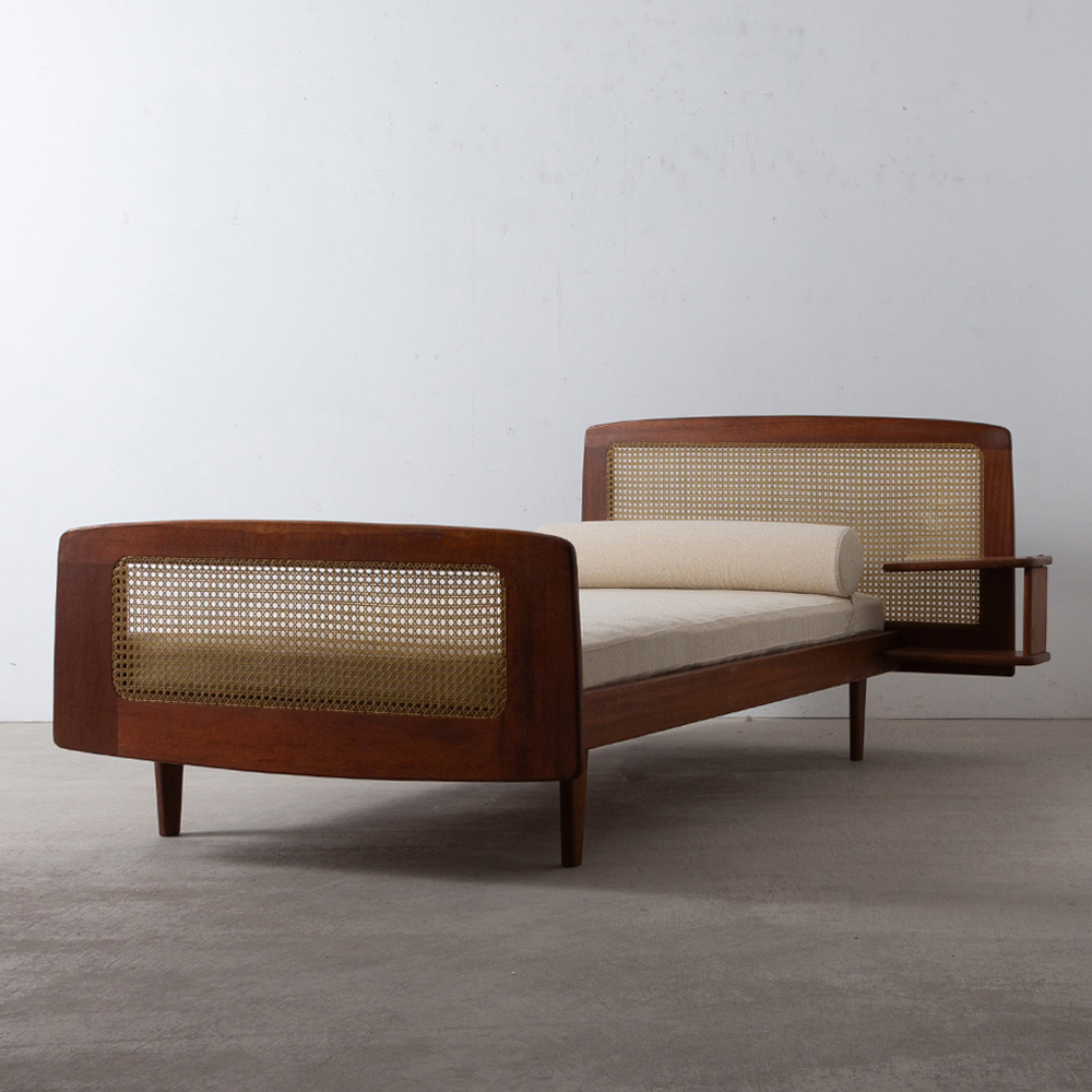 Day Bed with Side Table by Roger Landault in Mahogany and Fake Rattan