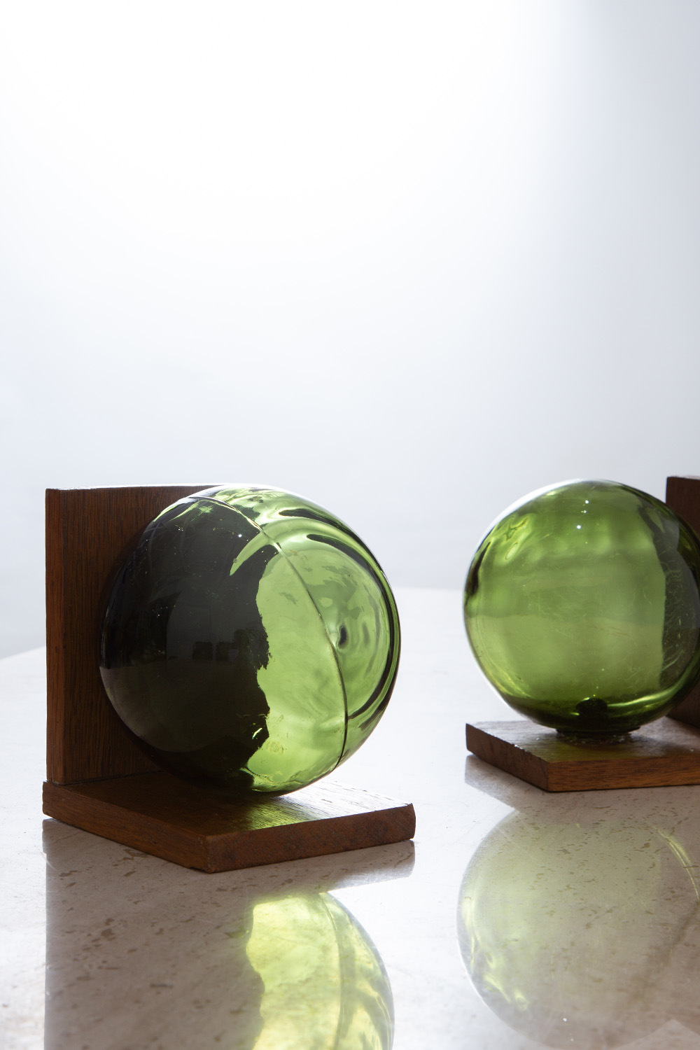 Ball Glass Bookends in Glass and Wood