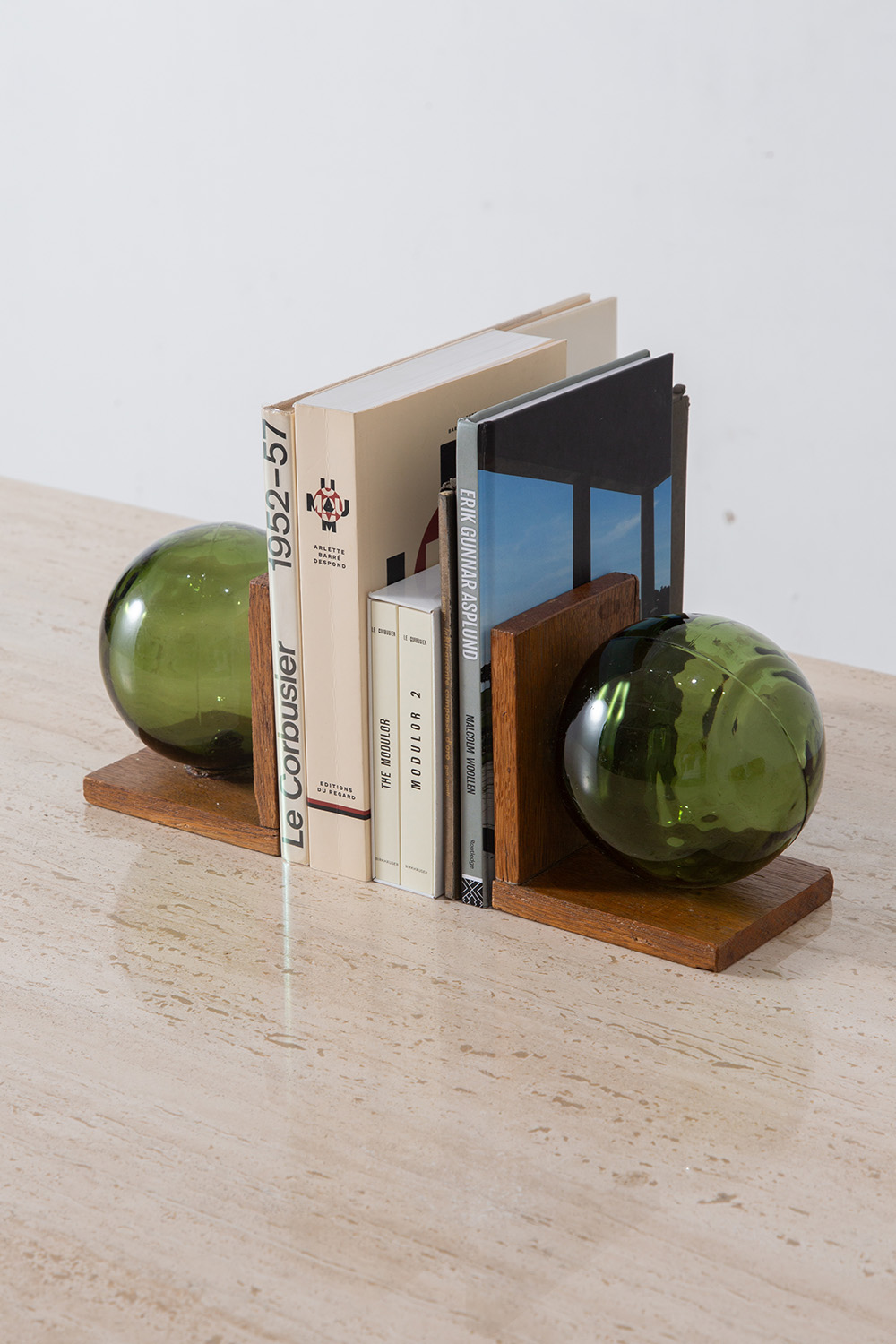 Ball Glass Bookends in Glass and Wood