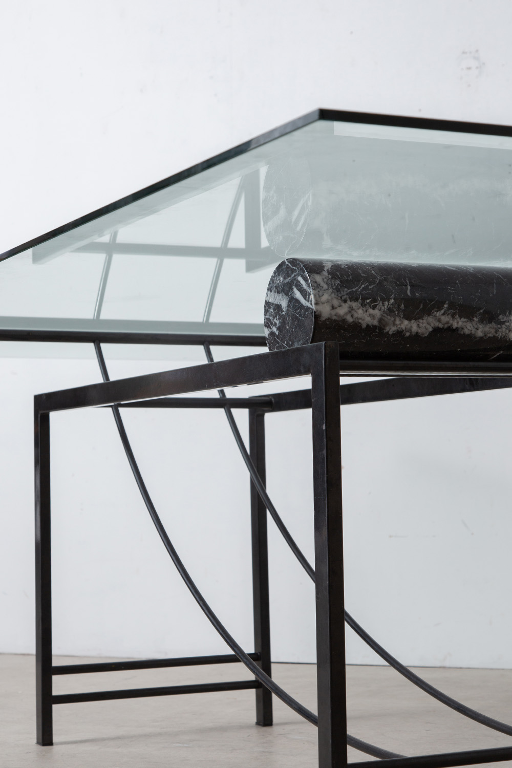 Sculptural Geometric Dining Table in Mable , Glass and Metal