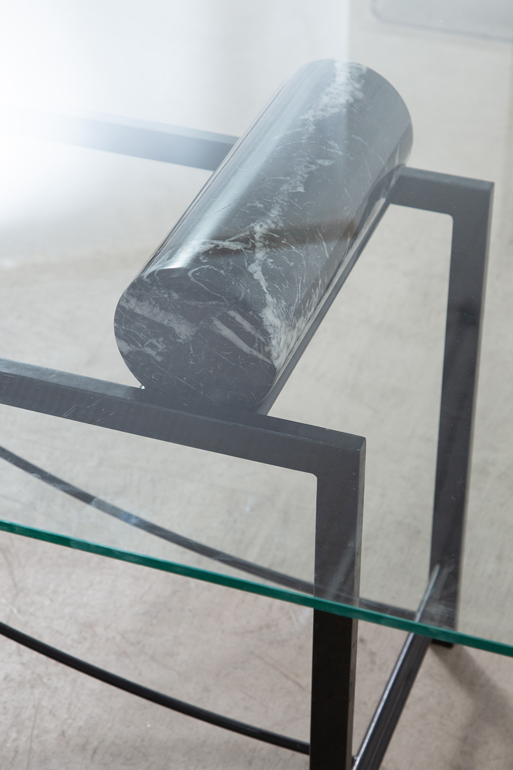 Sculptural Geometric Dining Table in Mable , Glass and Metal