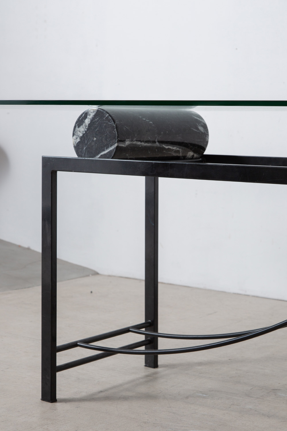 Sculptural Geometric Dining Table in Mable , Glass and Metal