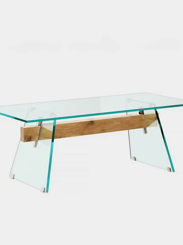 フランス出身の国際的な建築家兼デザイナー、Philippe Starck（フィリップ・スタルク）によって2024年に発表された'Compression'ダイニングテーブルシリーズ。
厚さ19mmのガラス天板と、厚さ24mmの強化ガラスの脚で構成されています。
一枚の厚い木製の梁が土台の穴に通され、テーブル全体を支えています。磨き上げられた金属製のくさびがベースのガラス板を固定し、安定性を高めています。
梁はオーク無垢材でワックス仕上げ、または熱処理による炭化仕上げの2種類からお選びいただけます。
脚と天板の支柱はクロムメッキ仕上げとなります。
