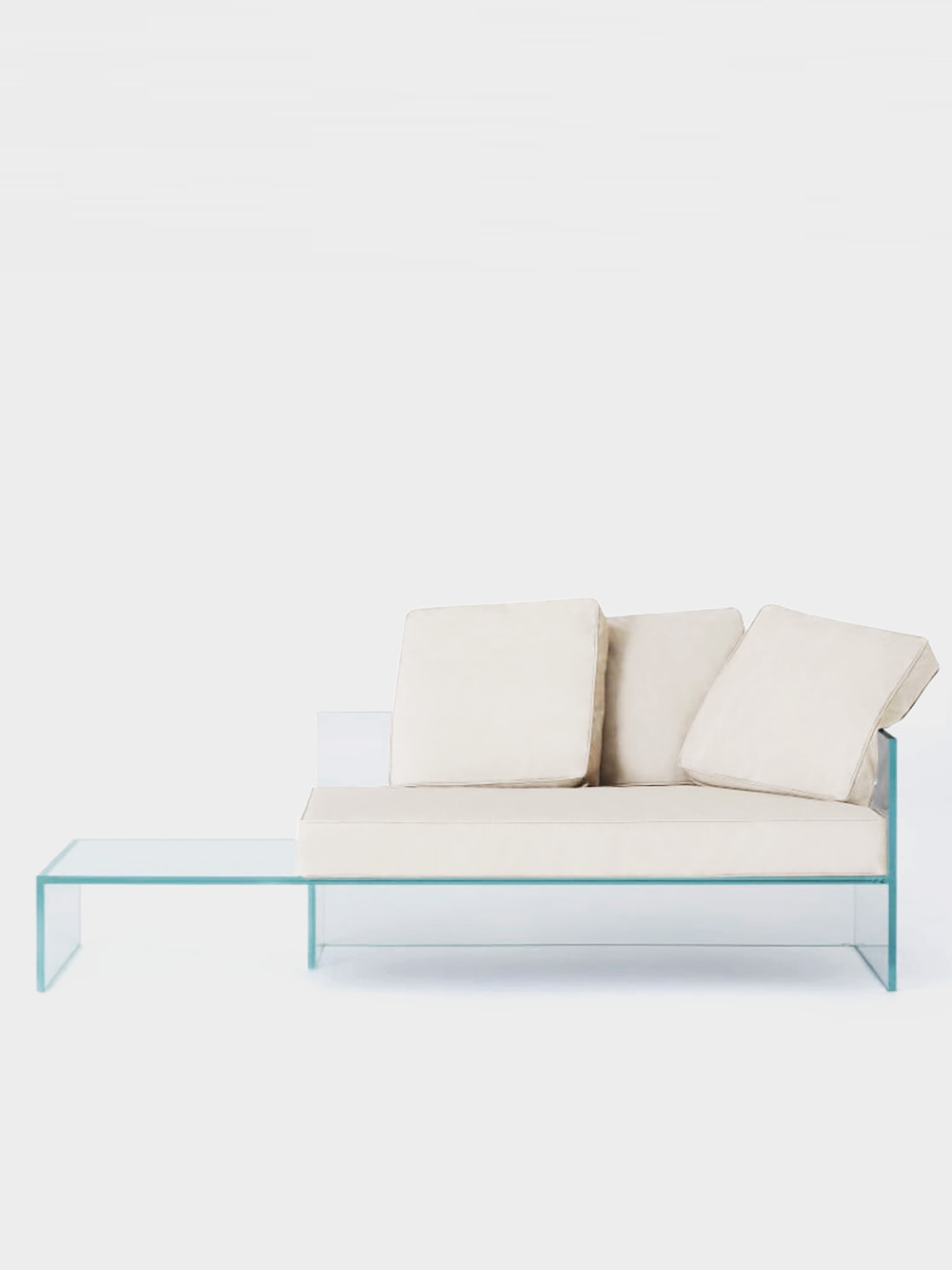 Tête-à-tête Sofa by Piero Lissoni for GLAS ITALIA in Glass and Fabric Side table on the Left