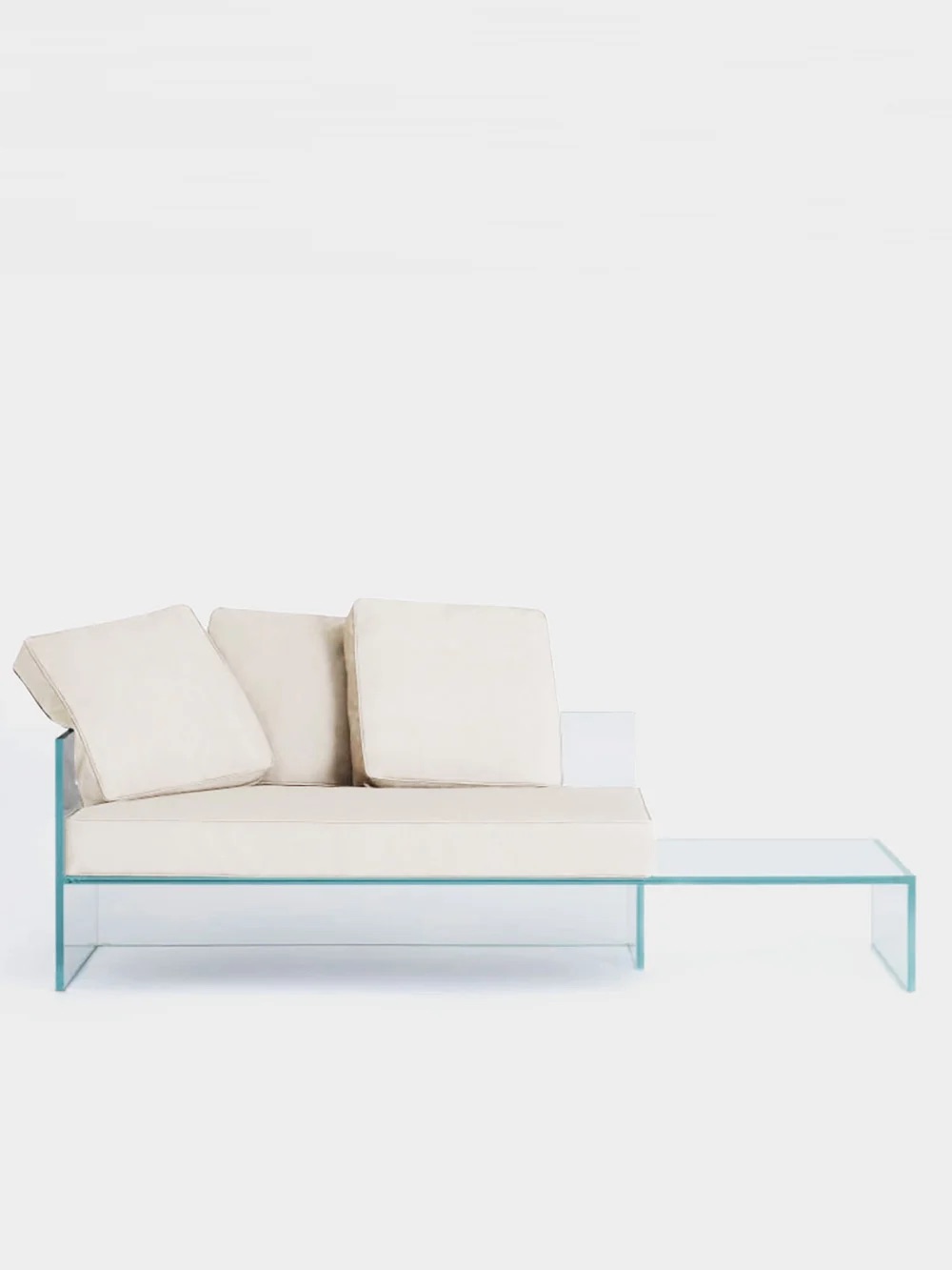 Tête-à-tête Sofa by Piero Lissoni for GLAS ITALIA in Glass and Fabric&nbsp;Side Table on the Right