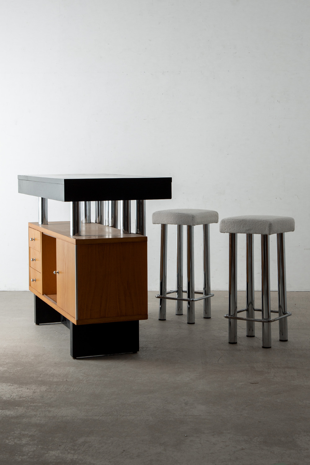 Bar Counter Table & Stool Set in Wood , Steel and Fabric