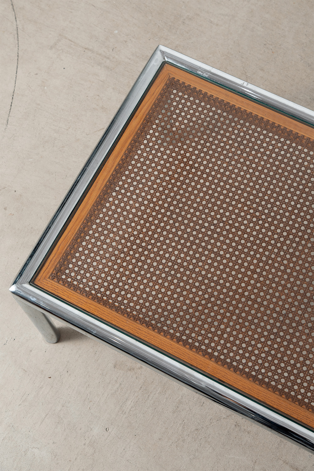 Coffe Table in Glass , Chrome and Rattan