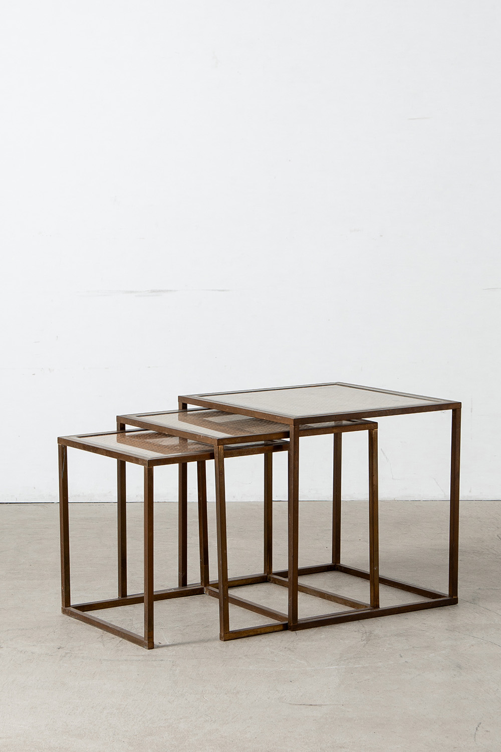 Nest Table Set in Glass , Rattan and Brass