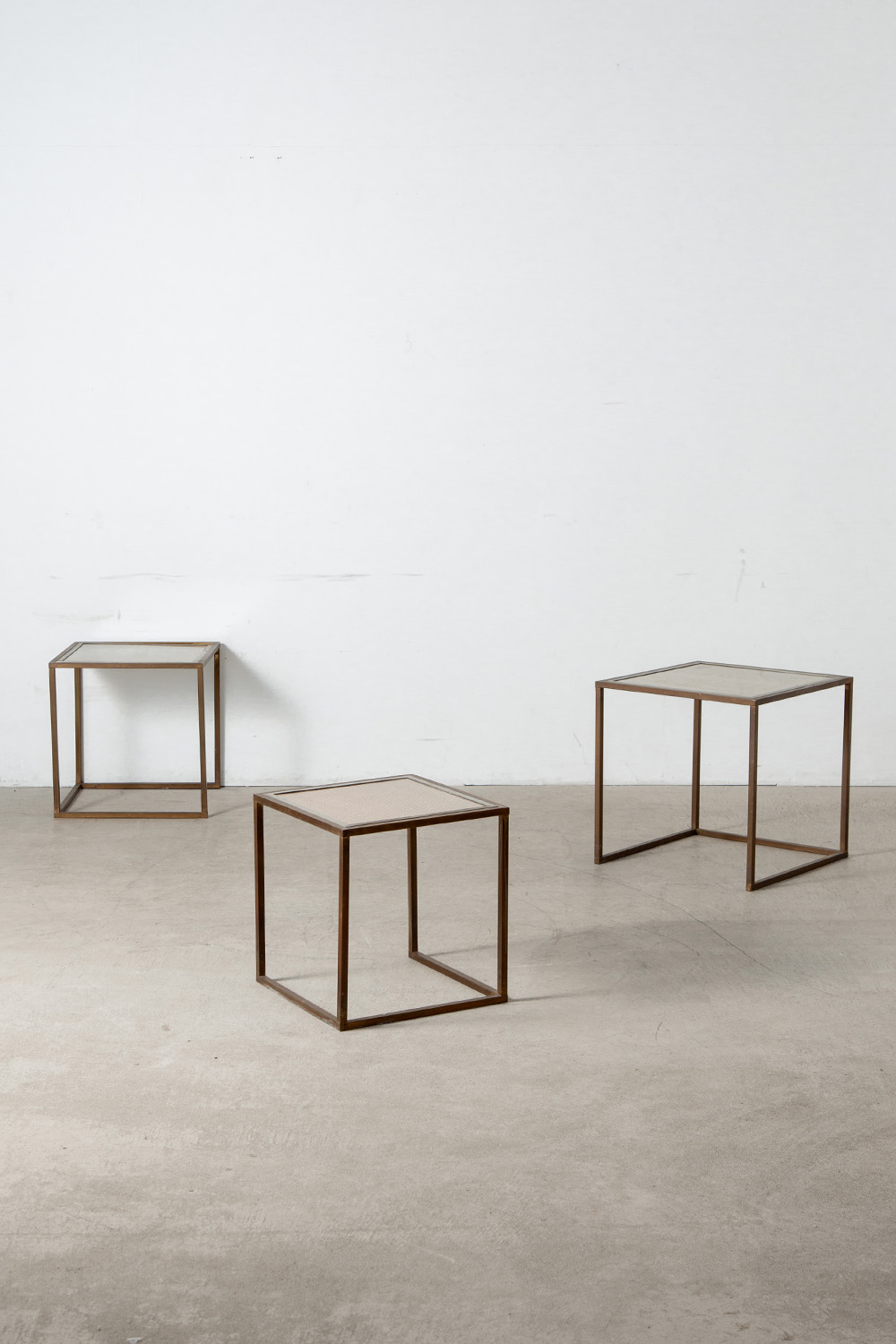 Nest Table Set in Glass , Rattan and Brass
