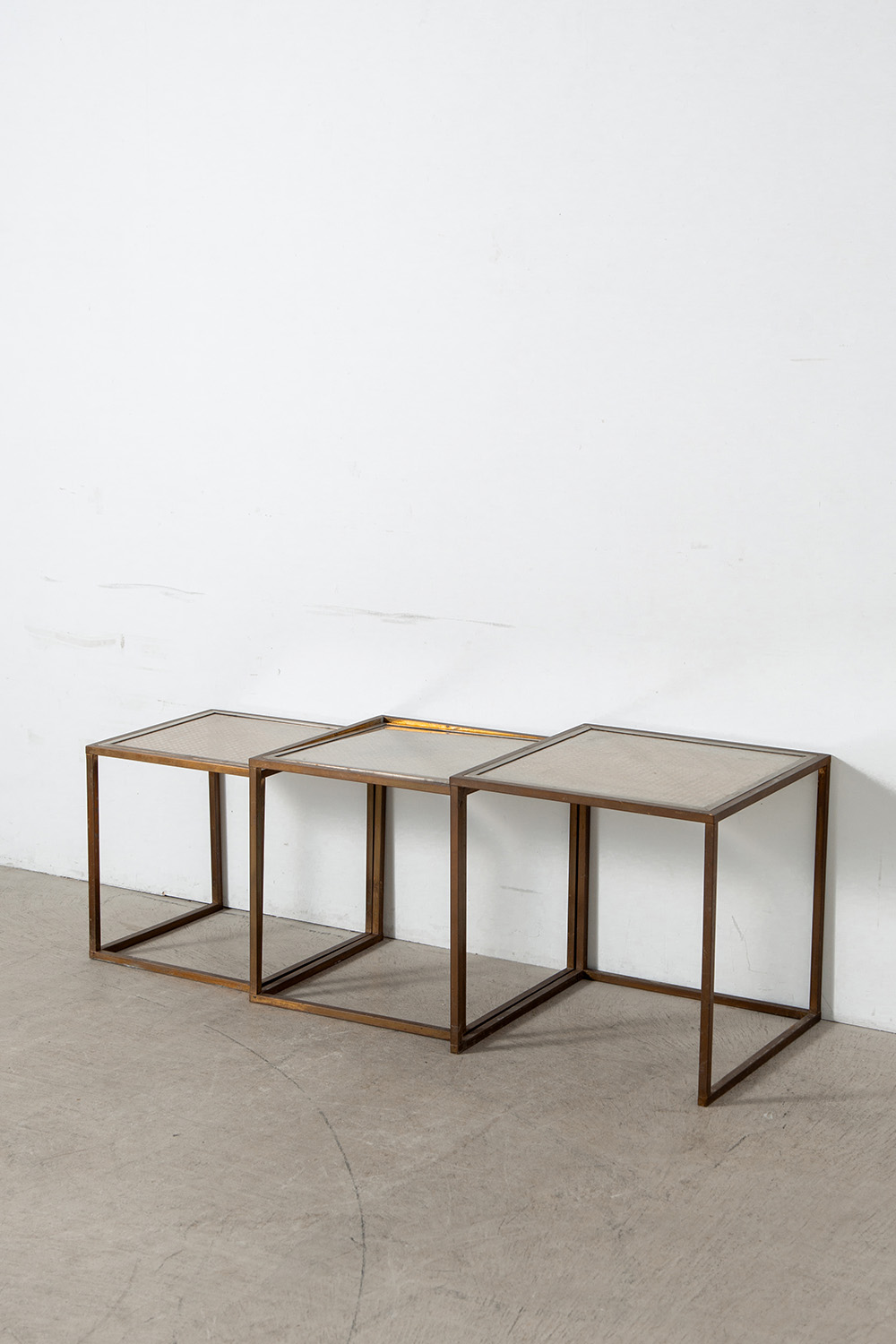 Nest Table Set in Glass , Rattan and Brass