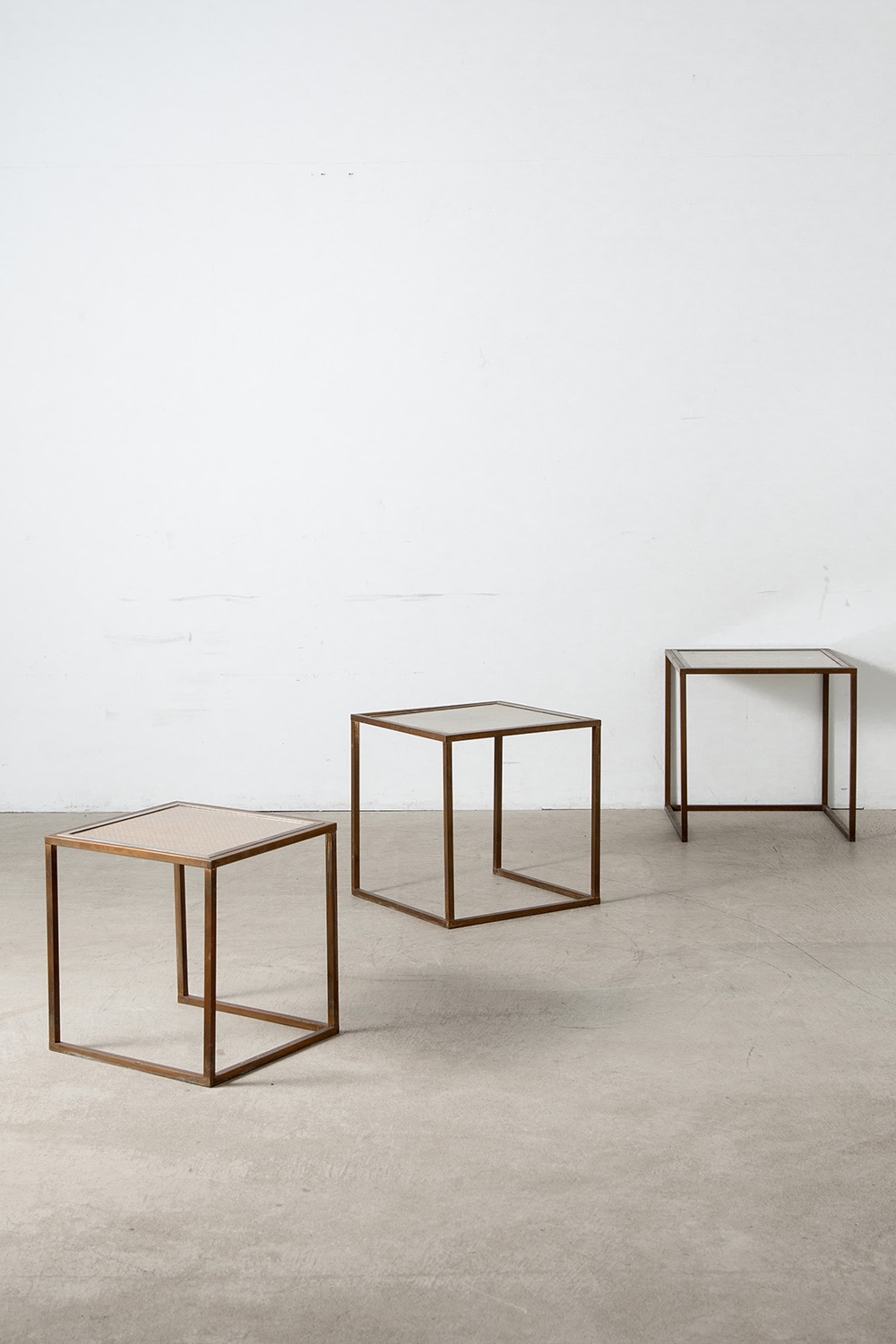 Nest Table Set in Glass , Rattan and Brass