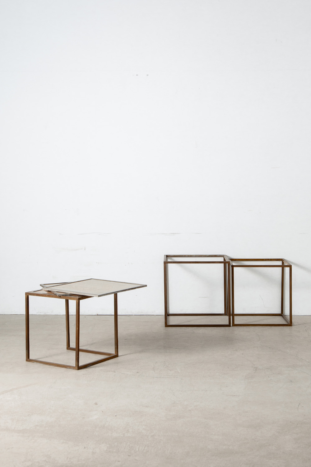 Nest Table Set in Glass , Rattan and Brass