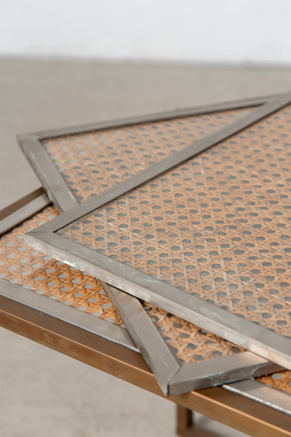 Nest Table Set in Glass , Rattan and Brass