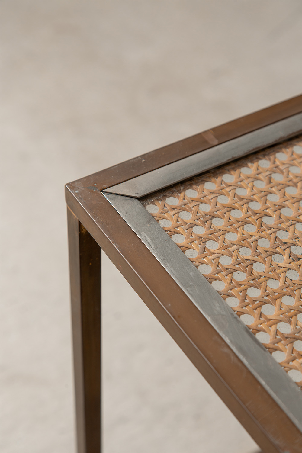 Nest Table Set in Glass , Rattan and Brass
