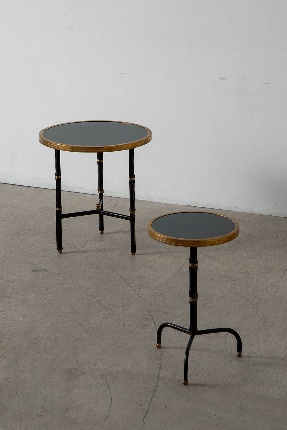 Side Table Set by Jacques Adnet in Wood and Steel