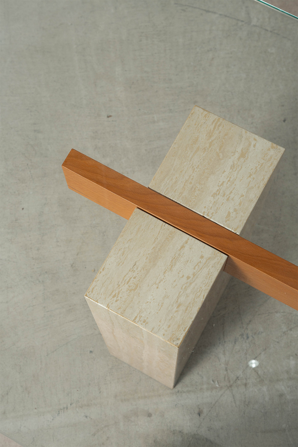 Dining Table in Glass , Travertine and Wood