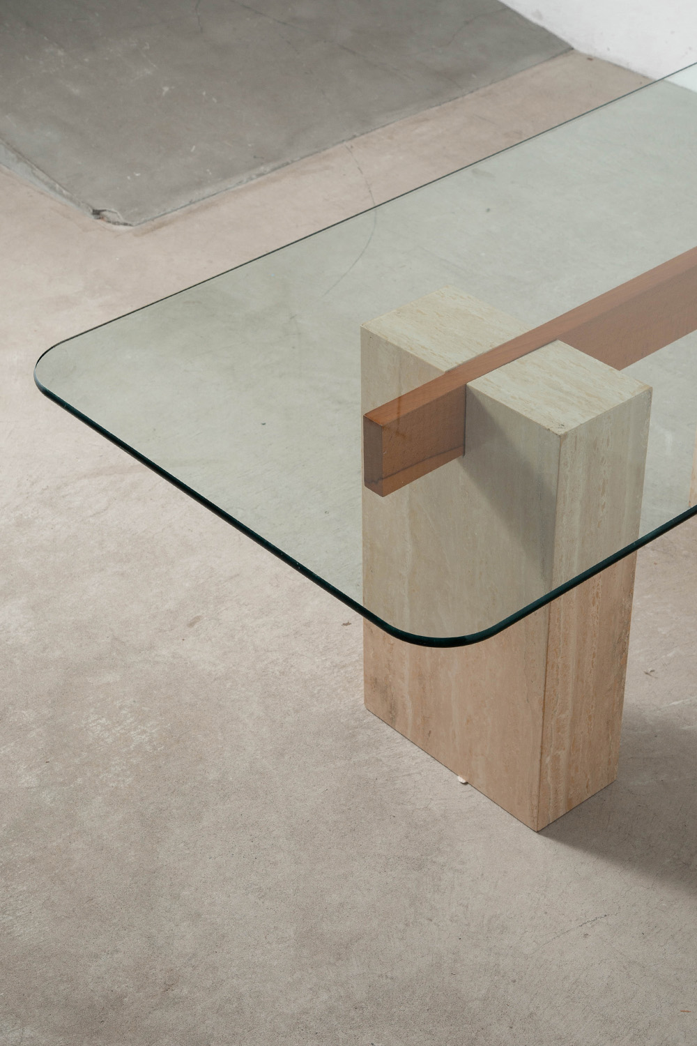 Dining Table in Glass , Travertine and Wood