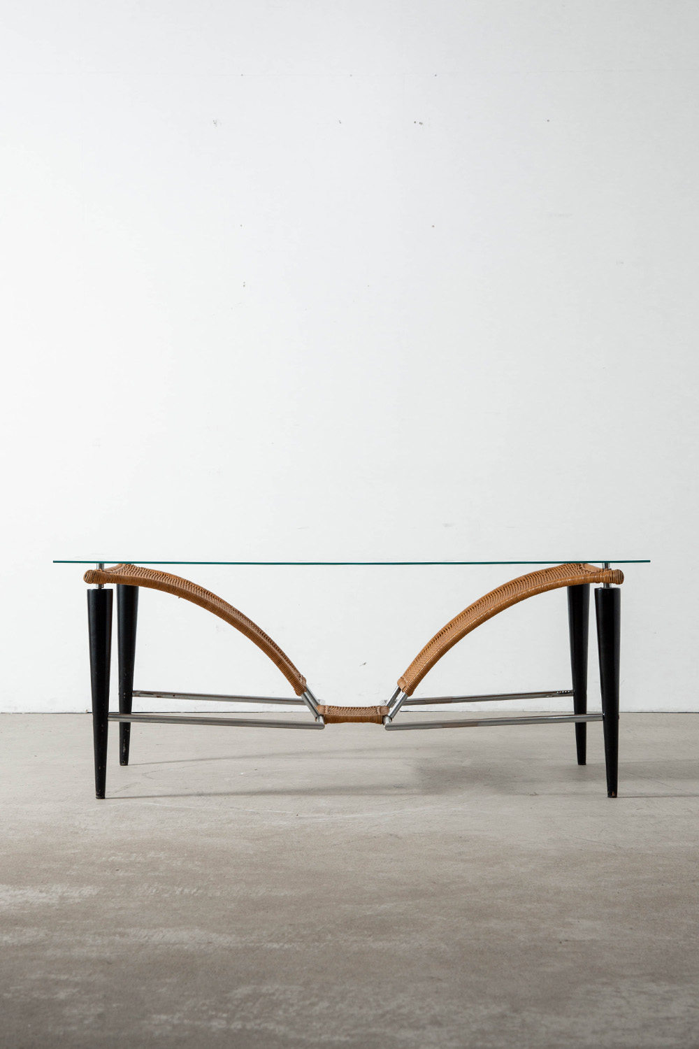 Coffee Table in Glass , Wicker , Wood and Metal