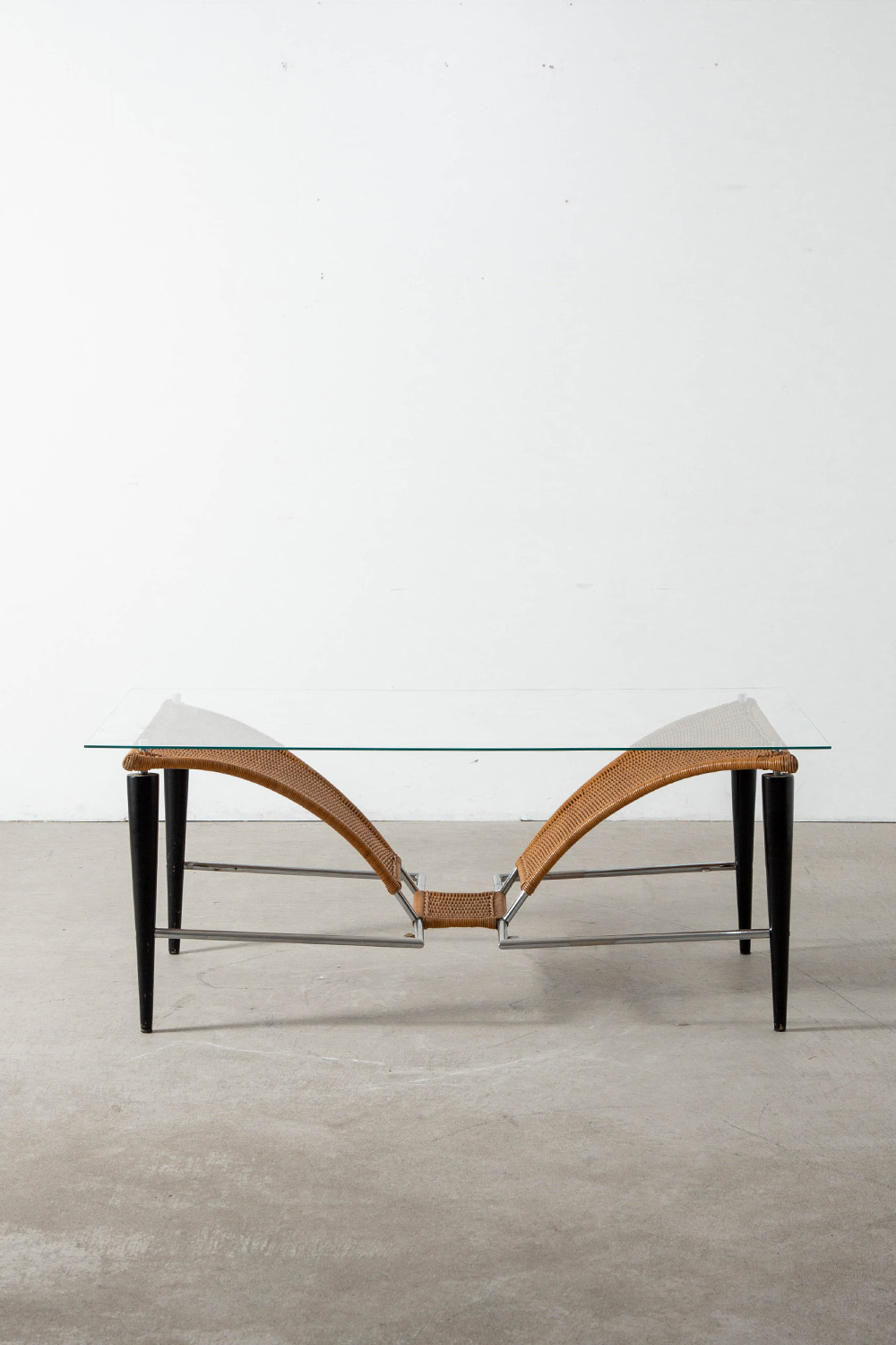 Coffee Table in Glass , Wicker , Wood and Metal