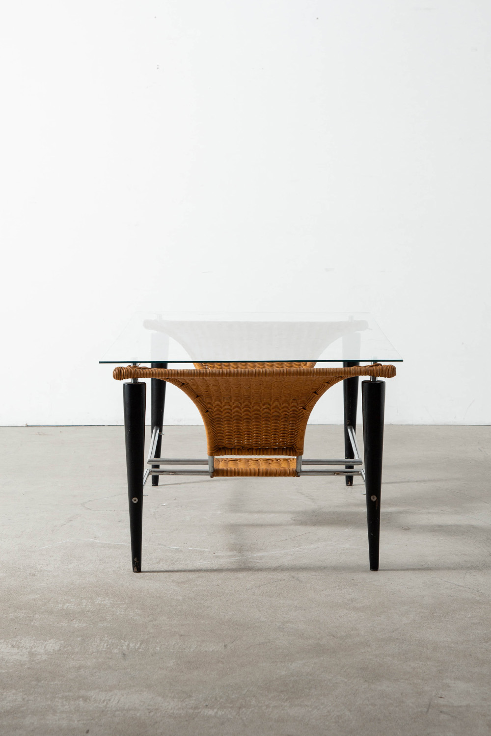 Coffee Table in Glass , Wicker , Wood and Metal