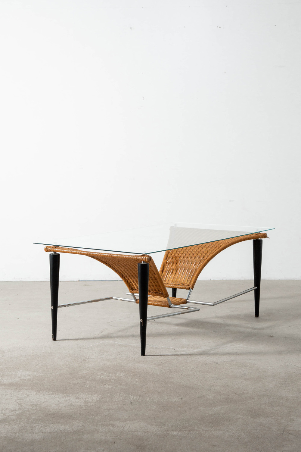 Coffee Table in Glass , Wicker , Wood and Metal