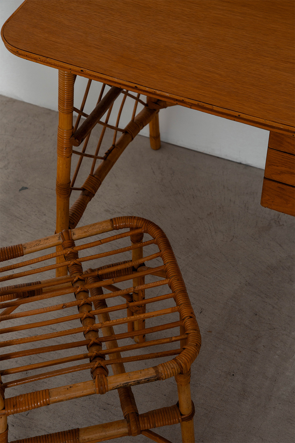 Desk and Chair Set by Louis Sognot in Rattan , Bamboo and Wood