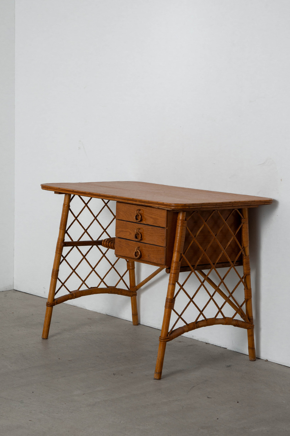 Desk and Chair Set by Louis Sognot in Rattan , Bamboo and Wood