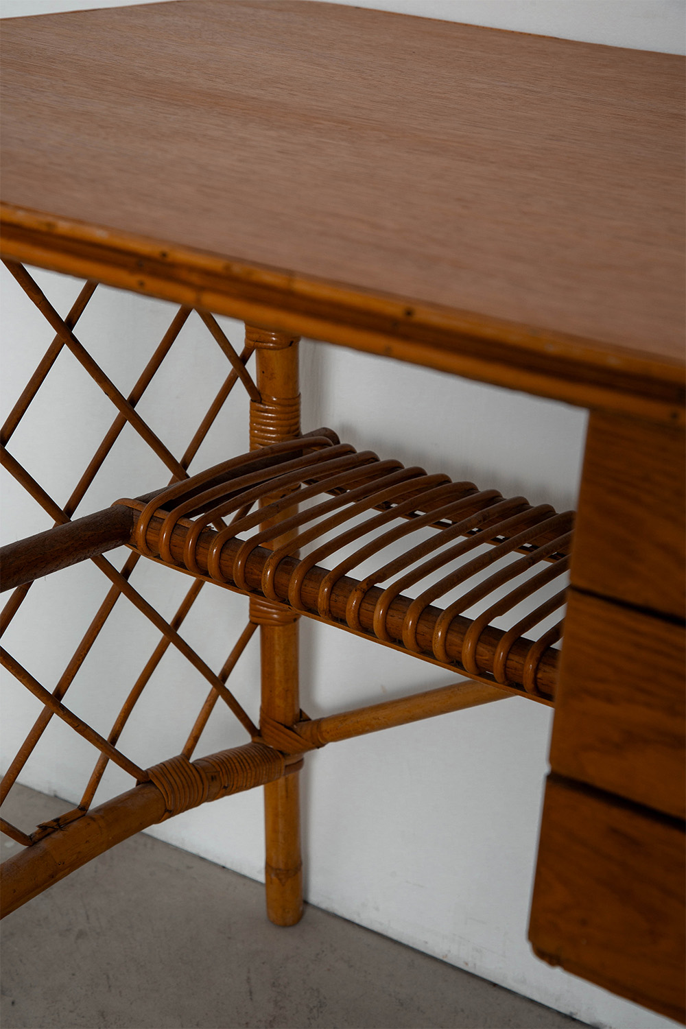 Desk and Chair Set by Louis Sognot in Rattan , Bamboo and Wood